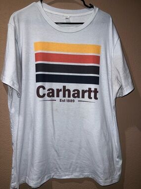 Carhartt White Tee with Yellow, Orange and Black Stripes
